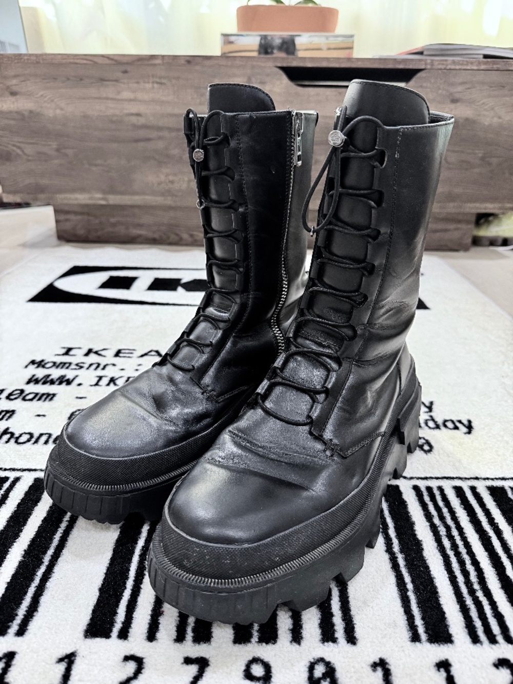 Moncler Vail Lace Up Chunky Sole Black Leather Zip Ankle Boots
